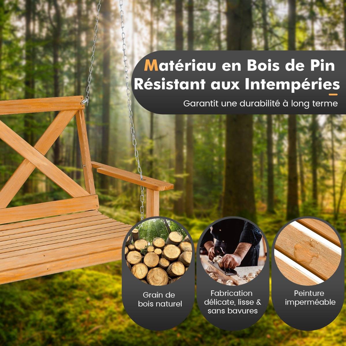 Balançoire Balancelle de Jardin de 134 Cm pour Porche 2 Personnes Bois Massif avec Chaînes Réglables Robuste - Imagen 6