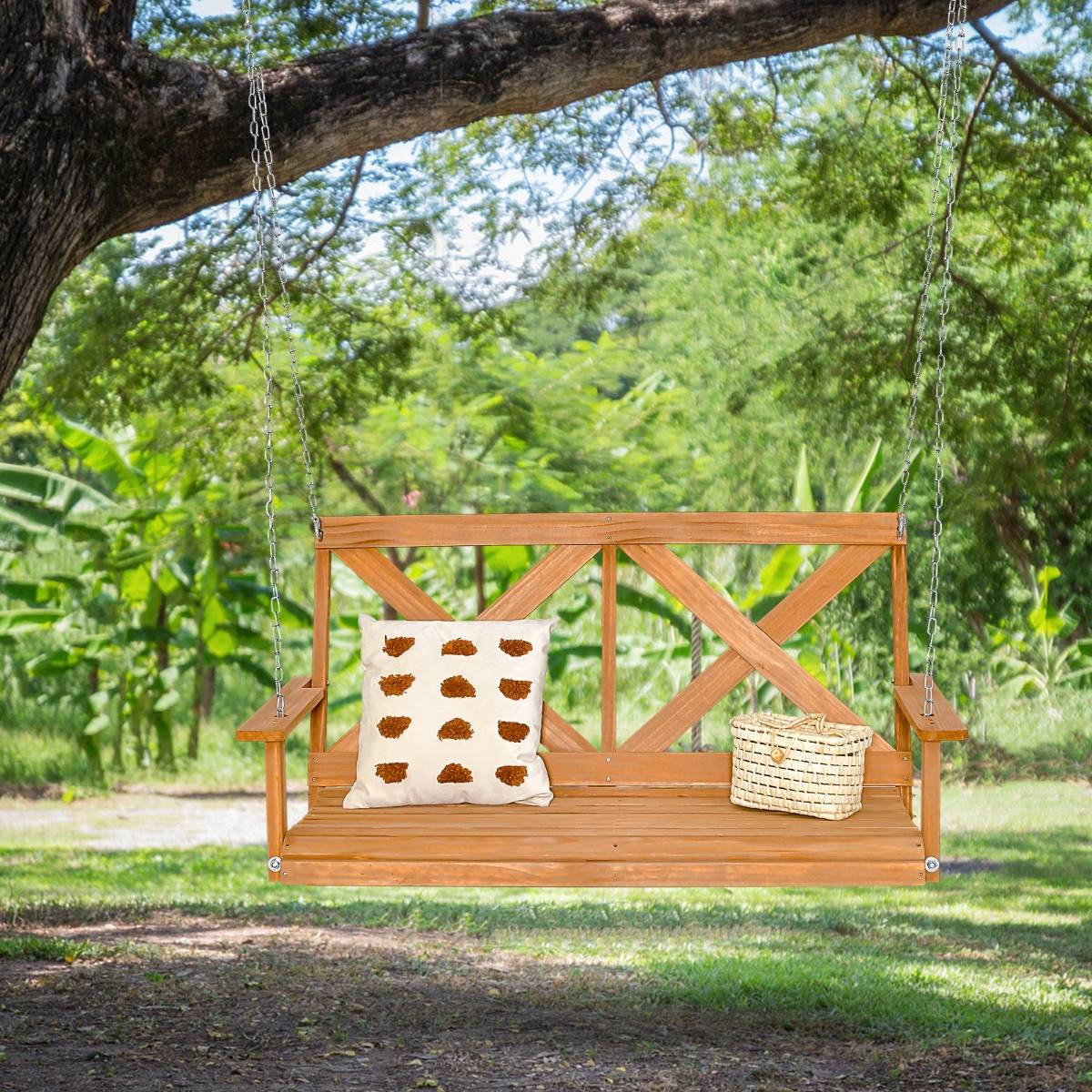 Balançoire Balancelle de Jardin de 134 Cm pour Porche 2 Personnes Bois Massif avec Chaînes Réglables Robuste - Imagen 3