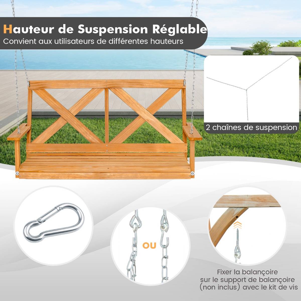 Balançoire Balancelle de Jardin de 134 Cm pour Porche 2 Personnes Bois Massif avec Chaînes Réglables Robuste - Imagen 8