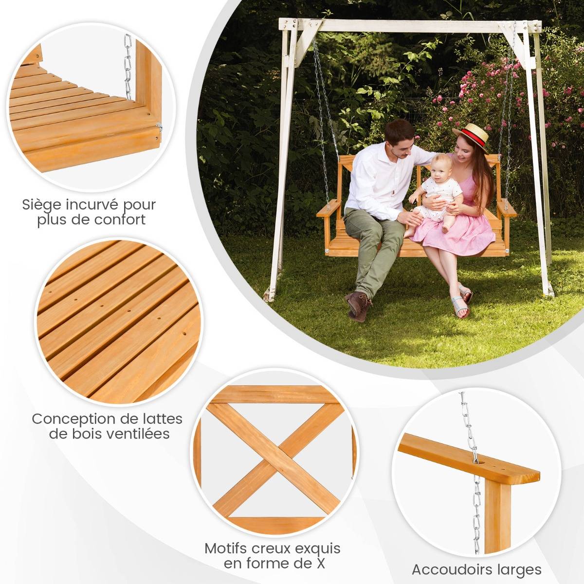 Balançoire Balancelle de Jardin de 134 Cm pour Porche 2 Personnes Bois Massif avec Chaînes Réglables Robuste - Imagen 5