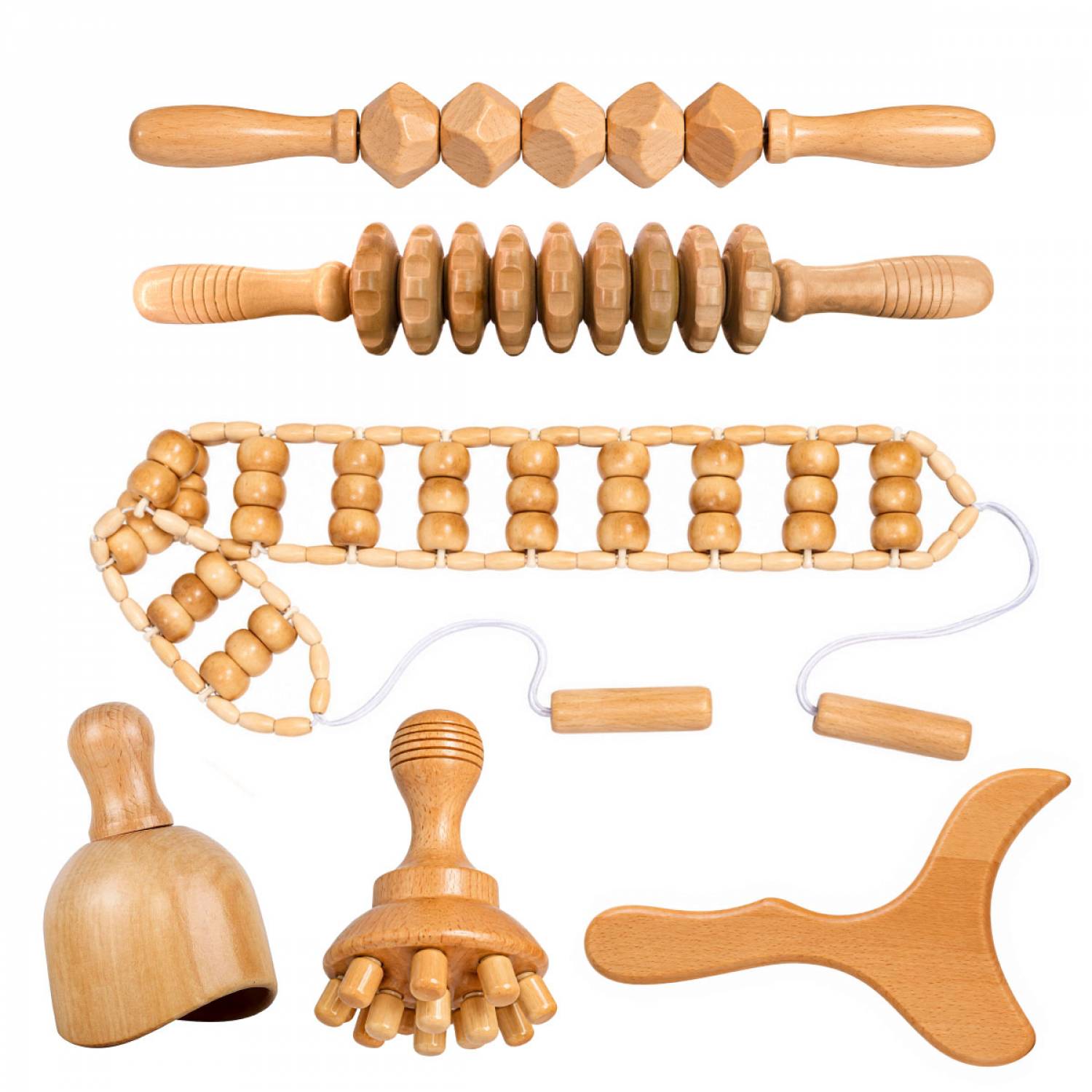 Kit complet de madérothérapie en bois pour le corps, massage anti-cellulite et drainage lymphatique - 6 pièces - Vivezen - Image 1