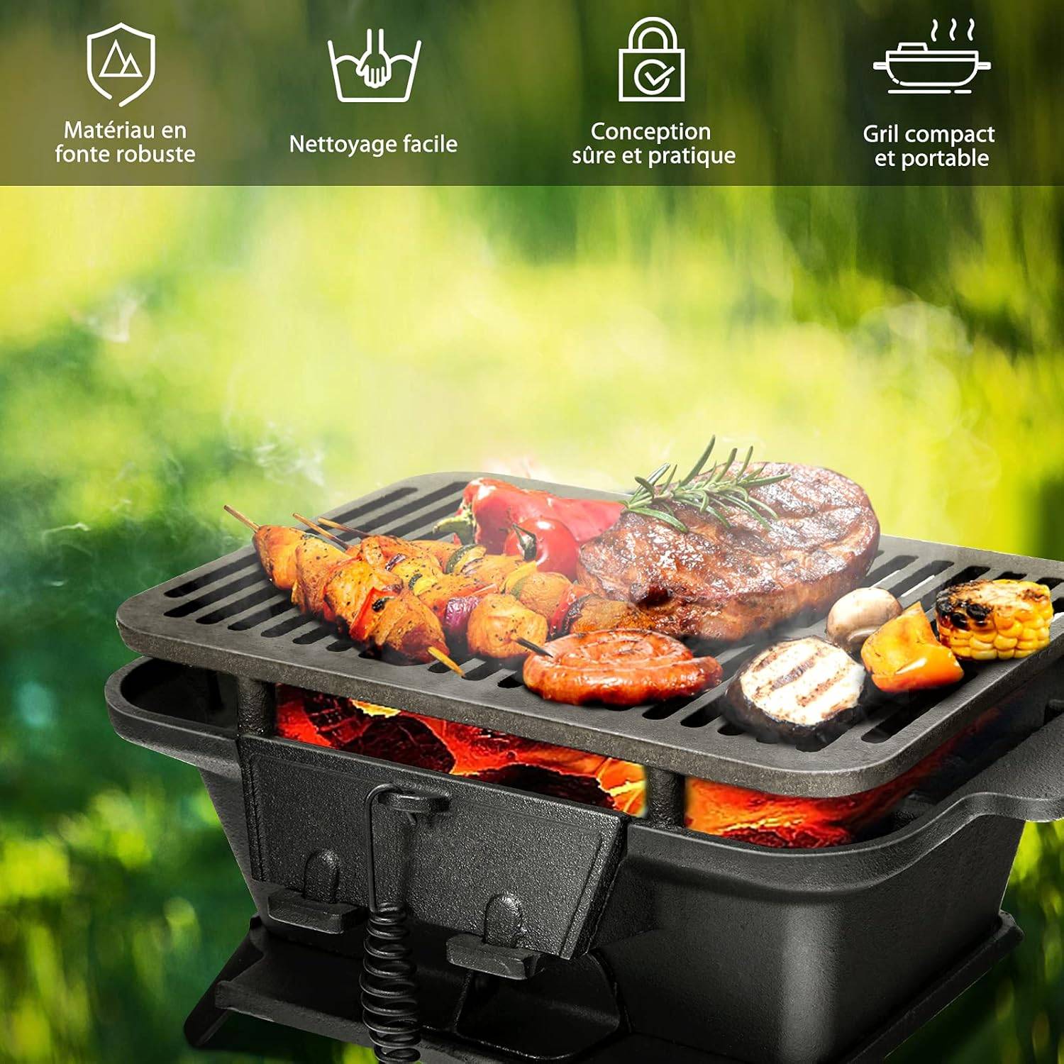 Charbon Chicha Barbecue Portable En Fonte - Grille Incluse, Base En Bois - Idéal Camping, Plage Ou Jardin (28cm) Barbecue Charbon Bois Ouvert