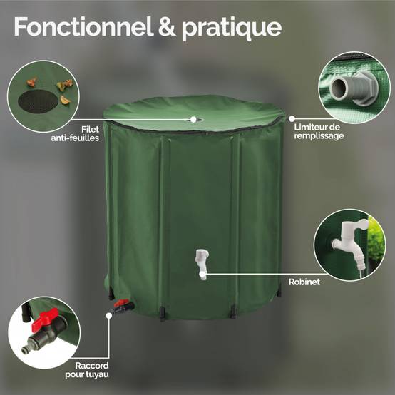 Réservoir souple, récupérateur d'eau de pluie pliable - 200 L - Vert - Linxor - Image 3