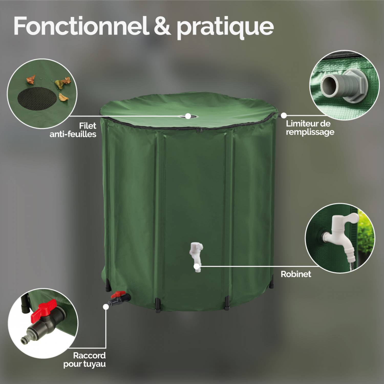 Réservoir souple, récupérateur d'eau de pluie pliable - 200 L - Vert - Linxor - Image 3