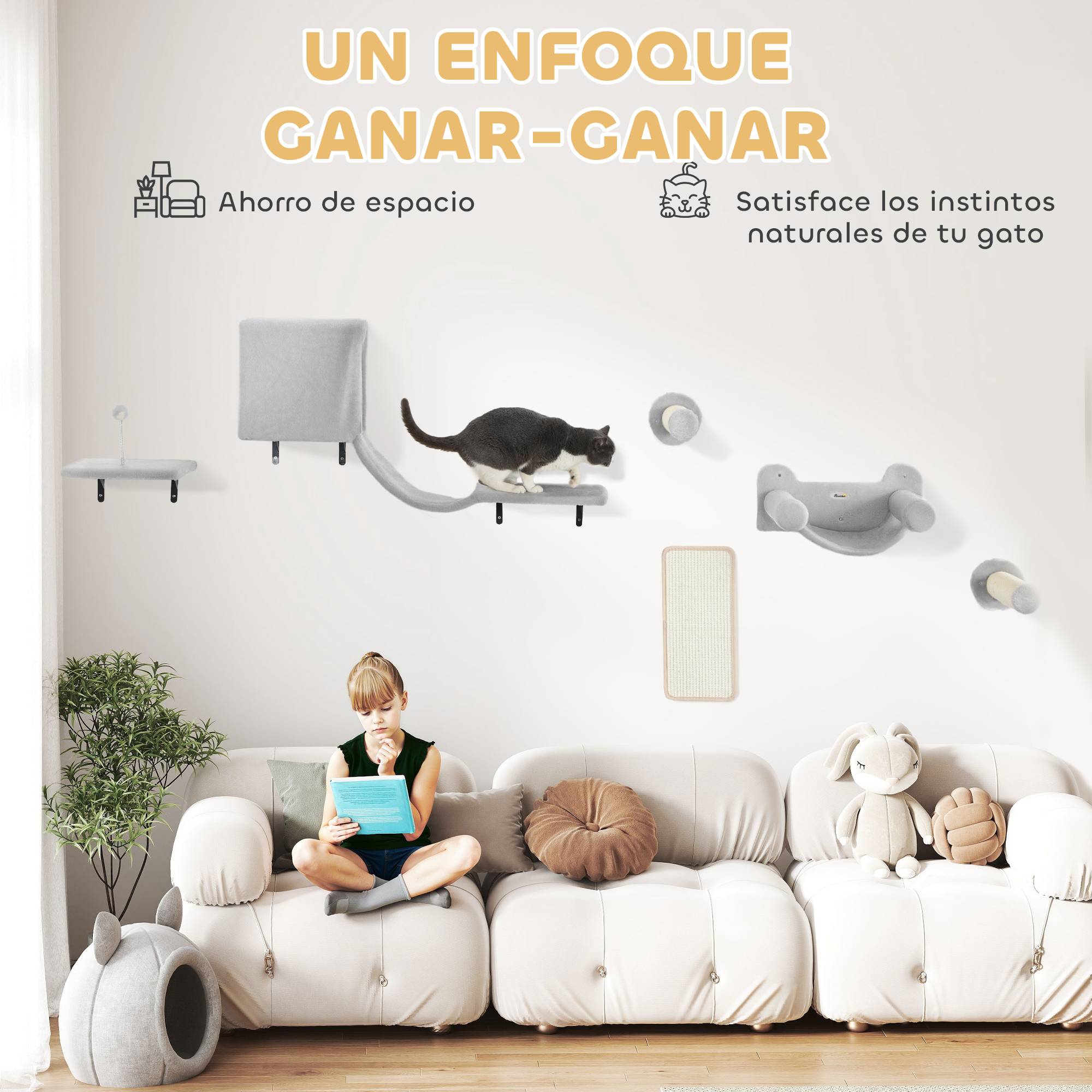 Parcours Mural Modulable 6 Pièces pour Chat avec Niche et Hamac en Bois et Peluche Gris - ComfortXL Outdoor Living - Image 6