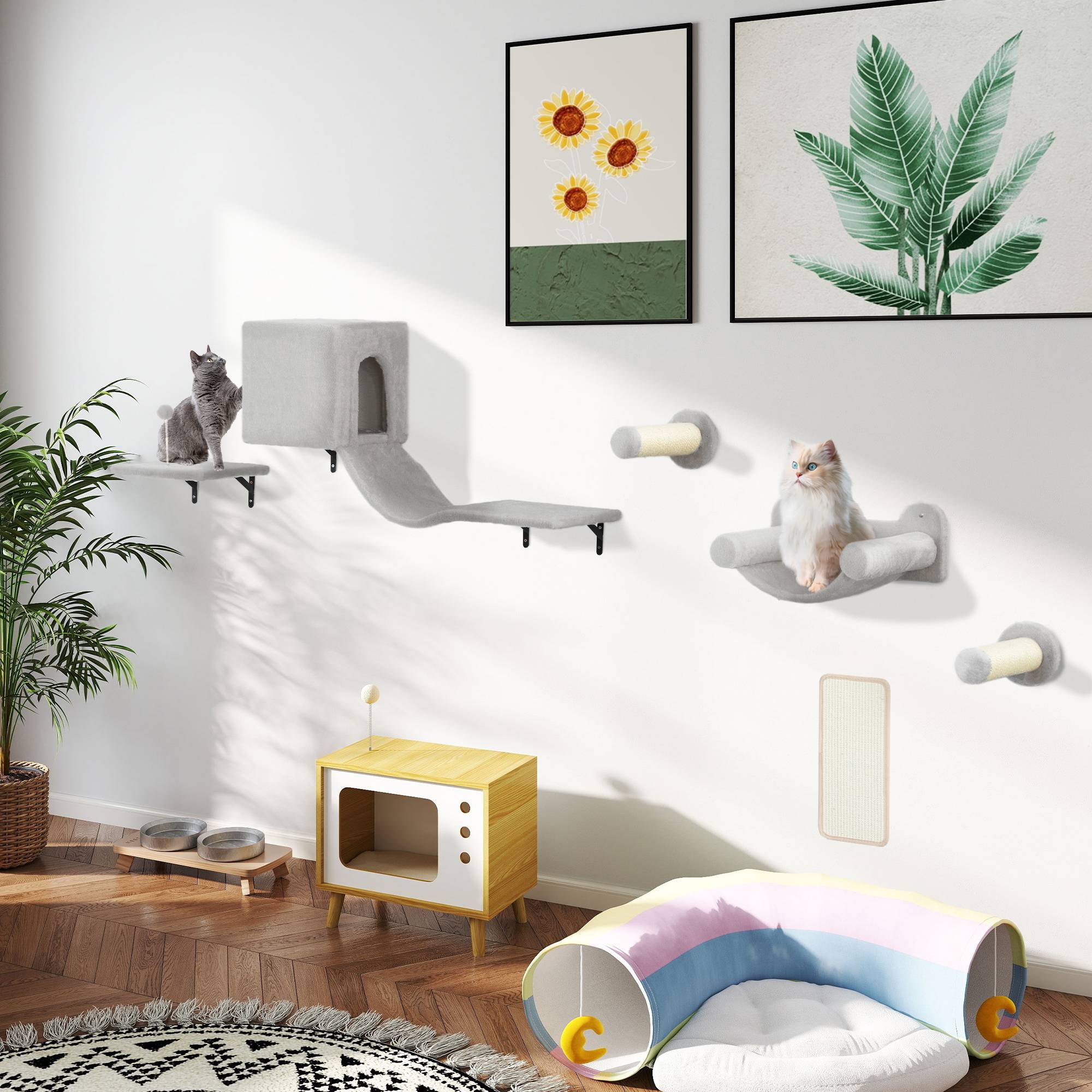 Parcours Mural Modulable 6 Pièces pour Chat avec Niche et Hamac en Bois et Peluche Gris - ComfortXL Outdoor Living - Image 3