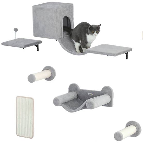 Parcours Mural Modulable 6 Pièces pour Chat avec Niche et Hamac en Bois et Peluche Gris - ComfortXL Outdoor Living - Image 1