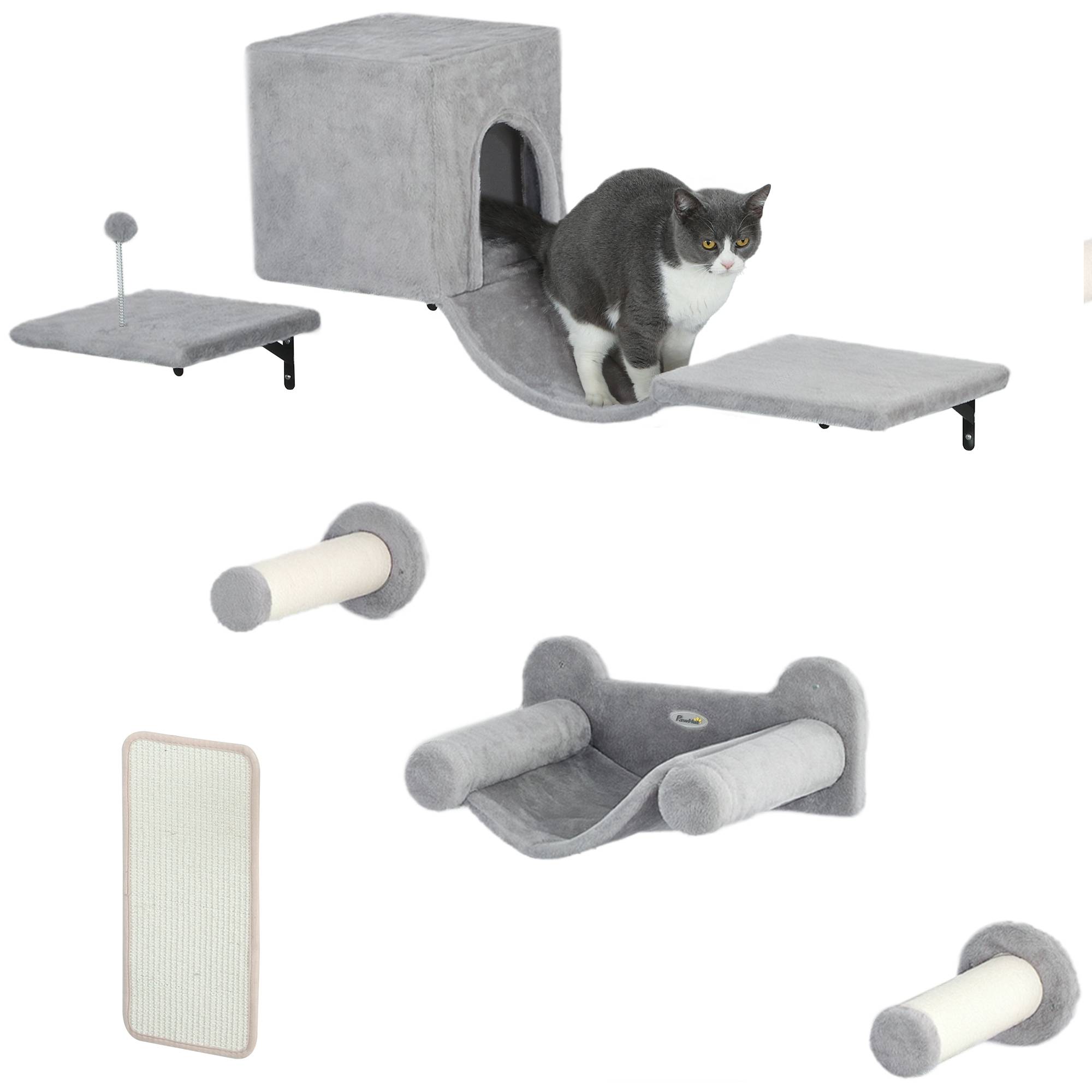 Parcours Mural Modulable 6 Pièces pour Chat avec Niche et Hamac en Bois et Peluche Gris - ComfortXL Outdoor Living - Image 1