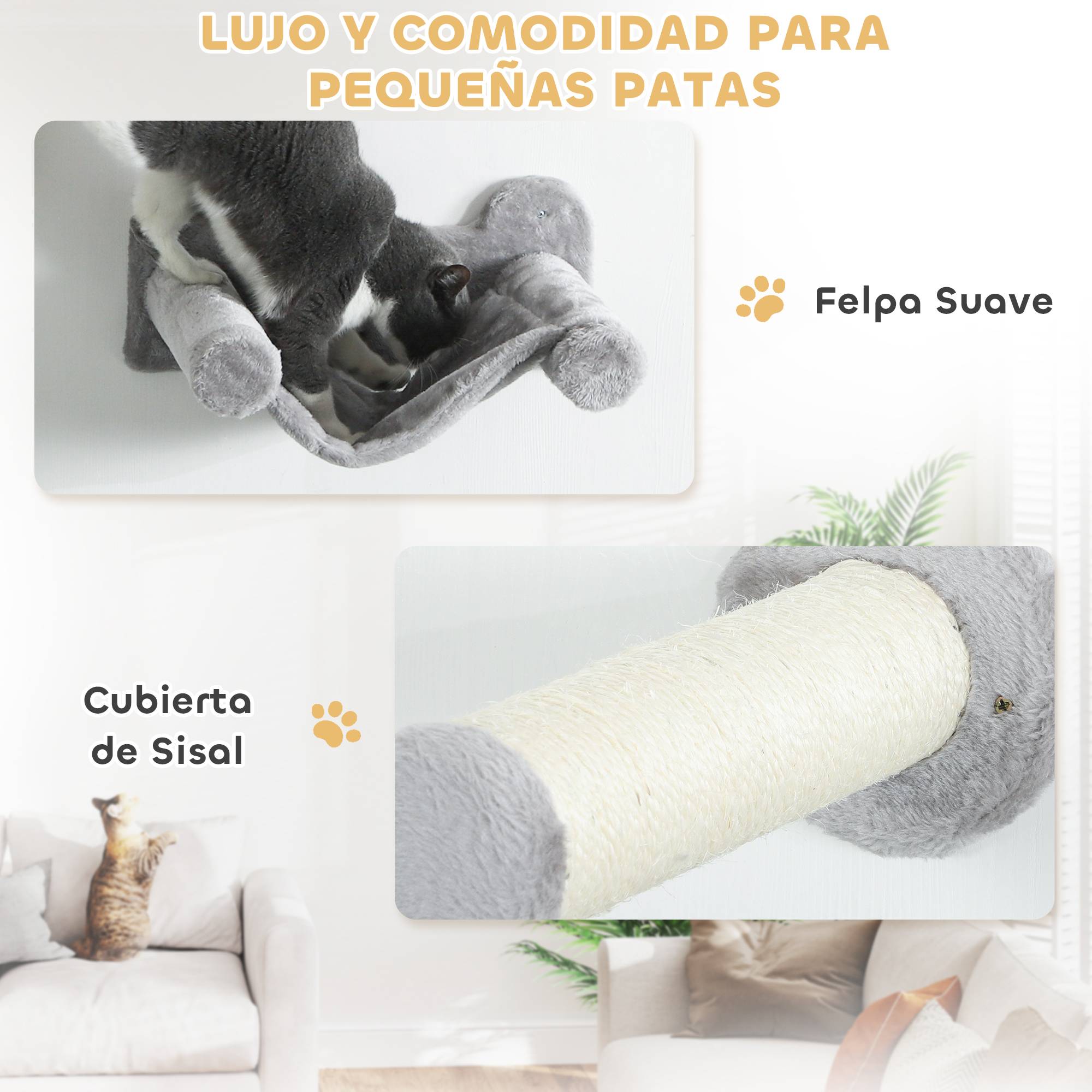 Parcours Mural Modulable 6 Pièces pour Chat avec Niche et Hamac en Bois et Peluche Gris - ComfortXL Outdoor Living - Image 9