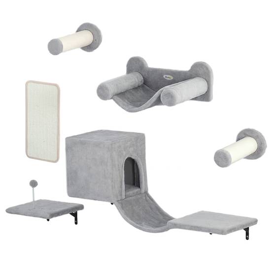 Parcours Mural Modulable 6 Pièces pour Chat avec Niche et Hamac en Bois et Peluche Gris - ComfortXL Outdoor Living - Image 2
