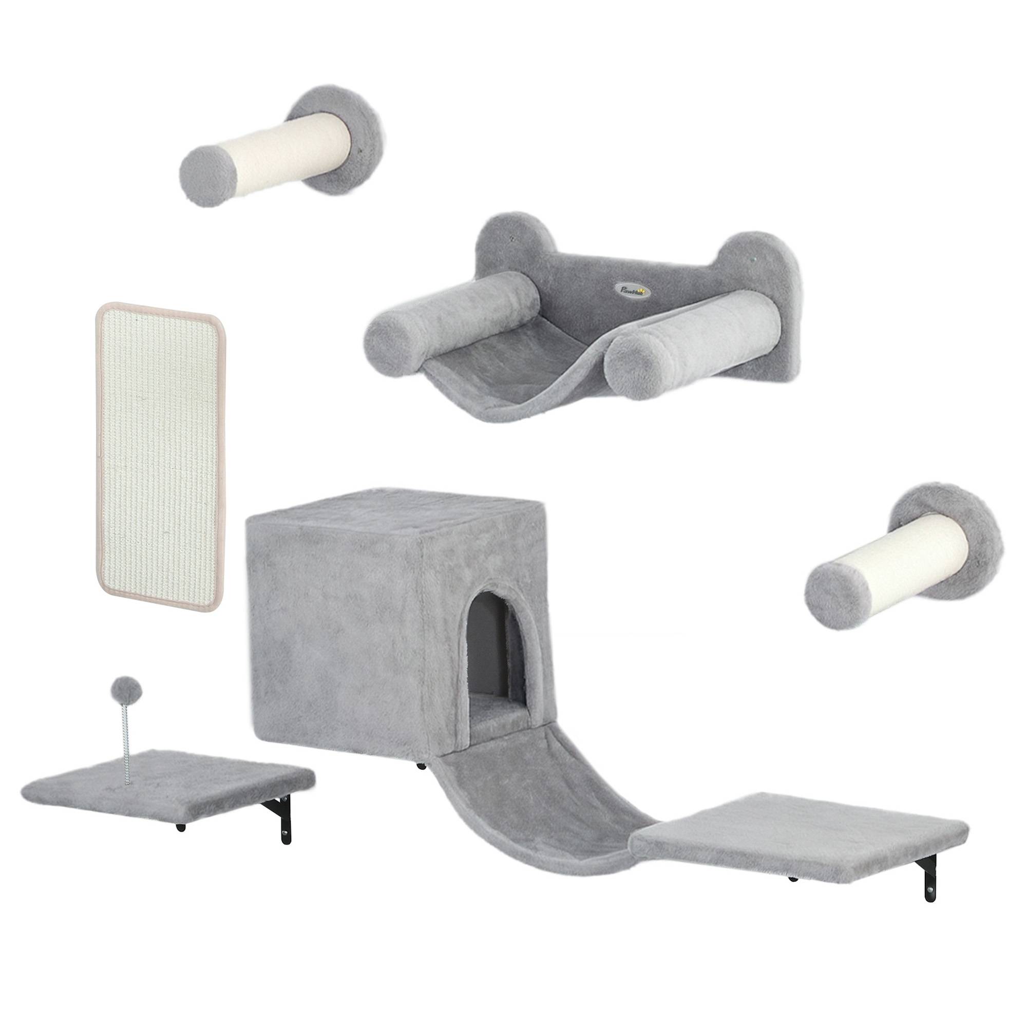 Parcours Mural Modulable 6 Pièces pour Chat avec Niche et Hamac en Bois et Peluche Gris - ComfortXL Outdoor Living - Image 2