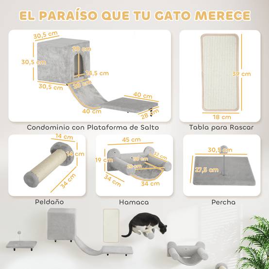 Parcours Mural Modulable 6 Pièces pour Chat avec Niche et Hamac en Bois et Peluche Gris - ComfortXL Outdoor Living - Image 5