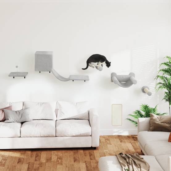 Parcours Mural Modulable 6 Pièces pour Chat avec Niche et Hamac en Bois et Peluche Gris - ComfortXL Outdoor Living - Image 4