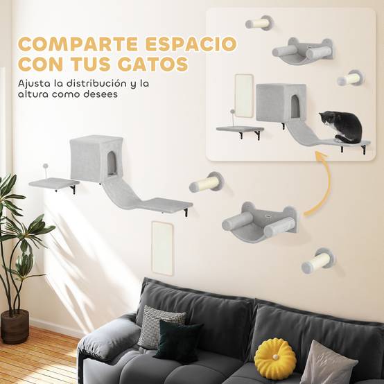 Parcours Mural Modulable 6 Pièces pour Chat avec Niche et Hamac en Bois et Peluche Gris - ComfortXL Outdoor Living - Image 7