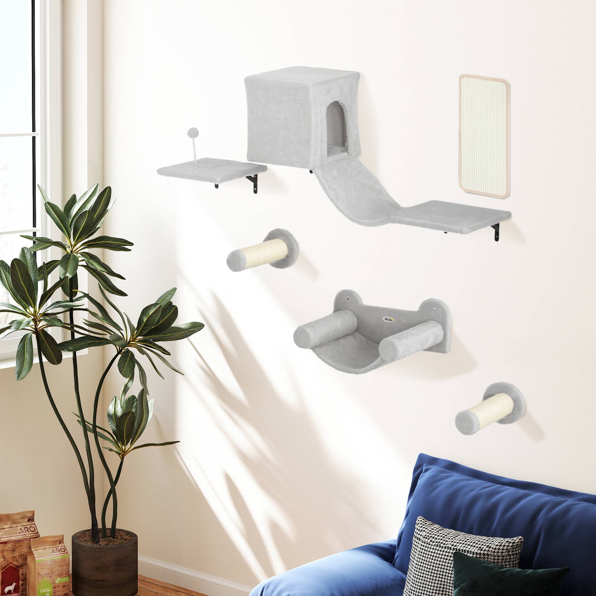 Parcours Mural Modulable 6 Pièces pour Chat avec Niche et Hamac en Bois et Peluche Gris - ComfortXL Outdoor Living - Image 10