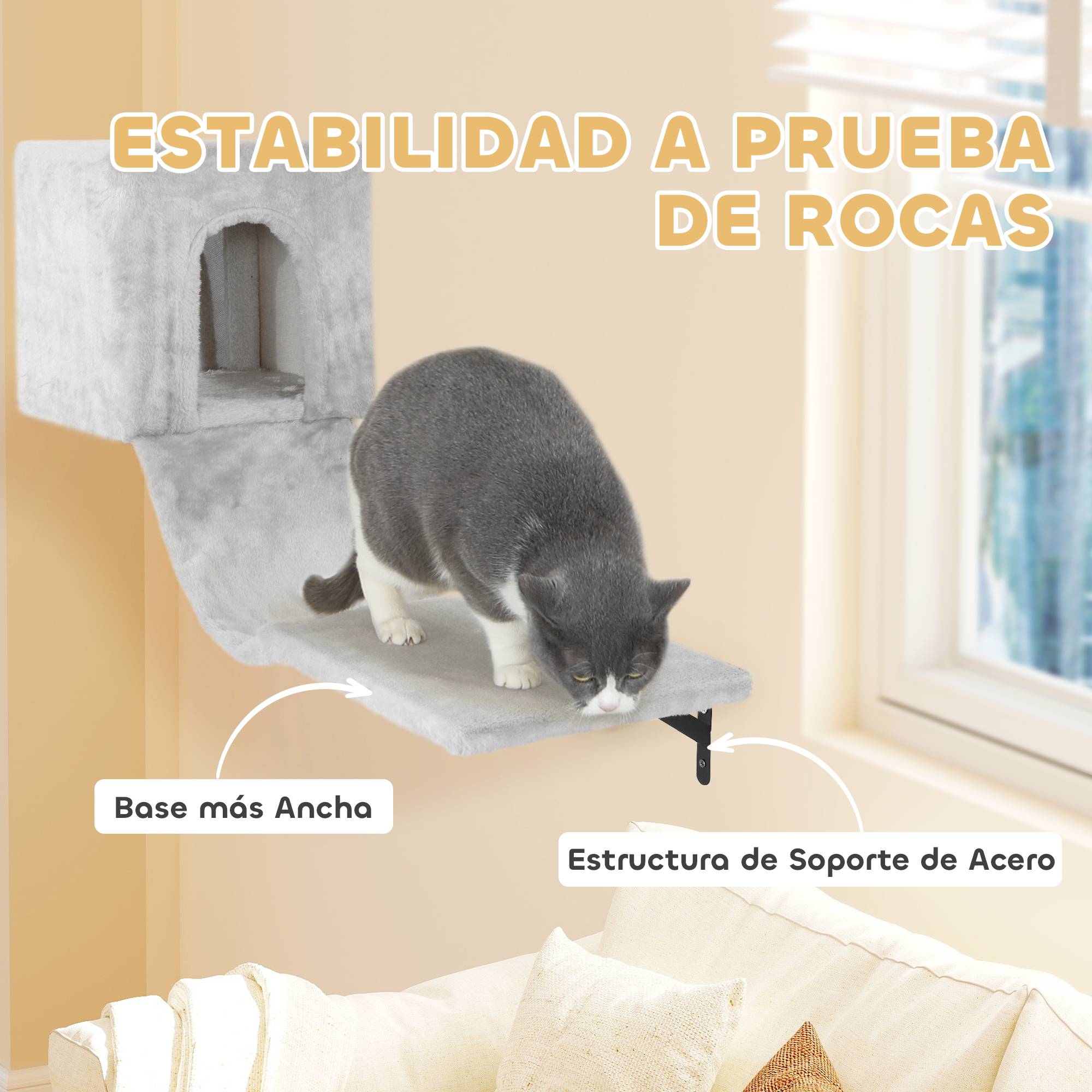 Parcours Mural Modulable 6 Pièces pour Chat avec Niche et Hamac en Bois et Peluche Gris - ComfortXL Outdoor Living - Image 8