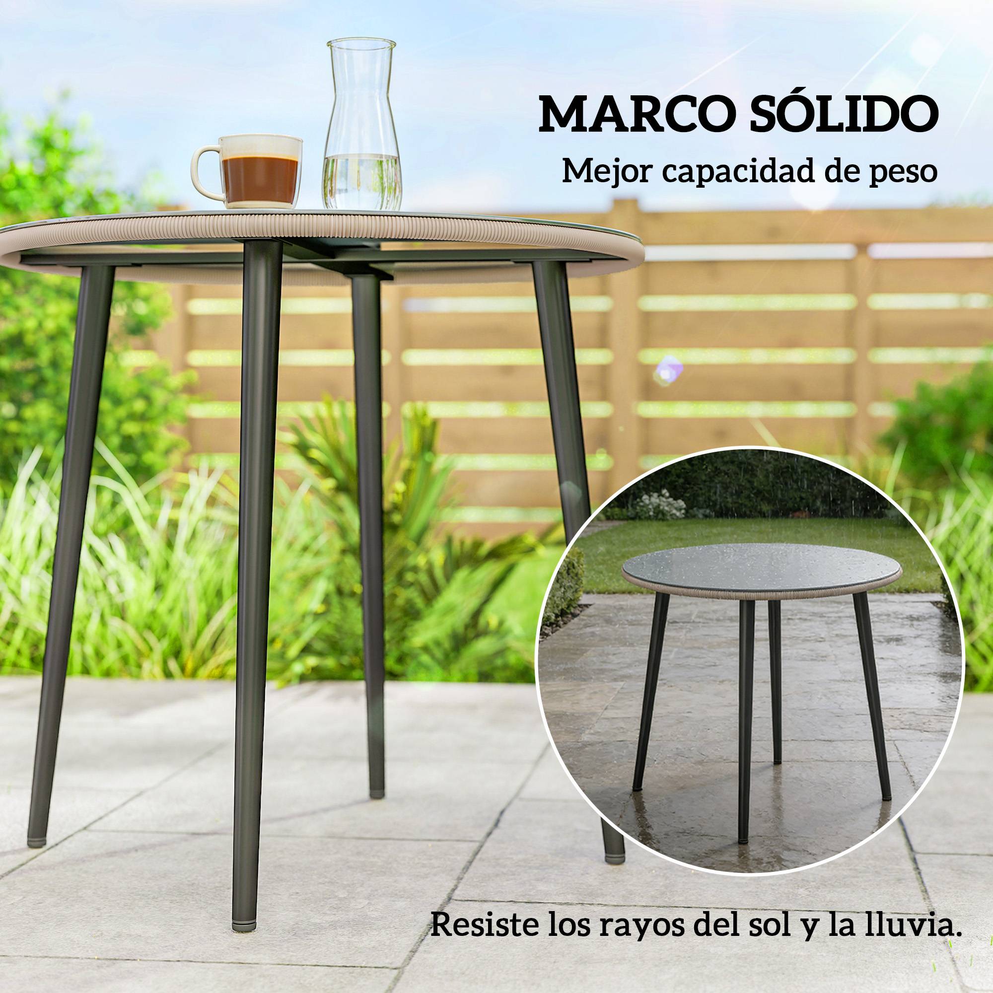 Table à manger de jardin plateau verre trempé bord rotin, structure acier 80x80x74 cm gris - Image 7