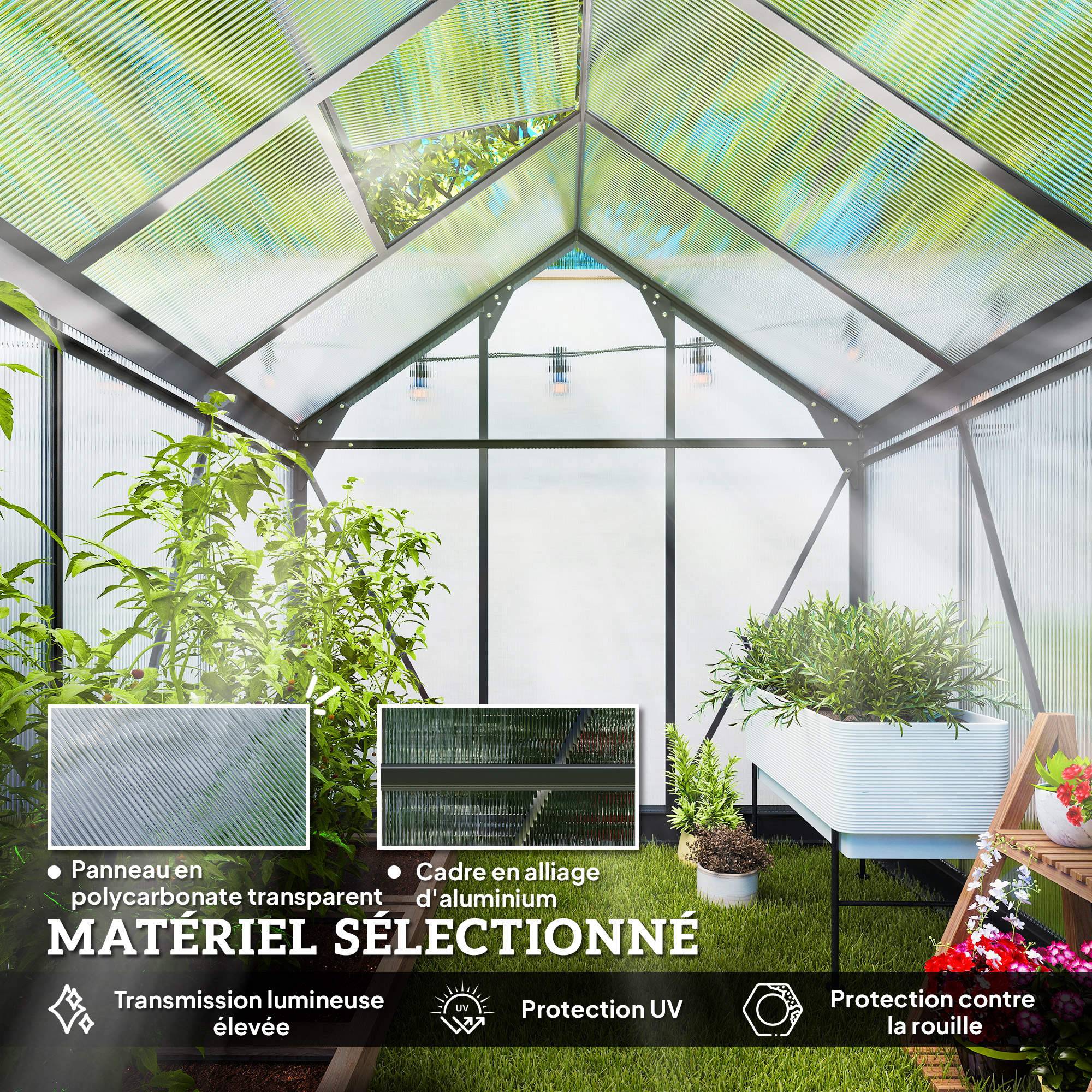 Serre de jardin polycarbonate 3,65m² 190 x 192 x 201 cm résistant aux UV fondation renforcé gouttière Gris - Image 7