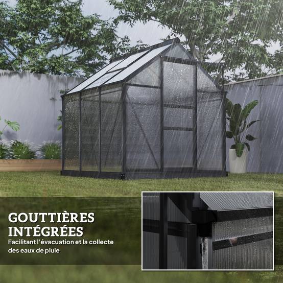 Serre de jardin polycarbonate 3,65m² 190 x 192 x 201 cm résistant aux UV fondation renforcé gouttière Gris - Image 9