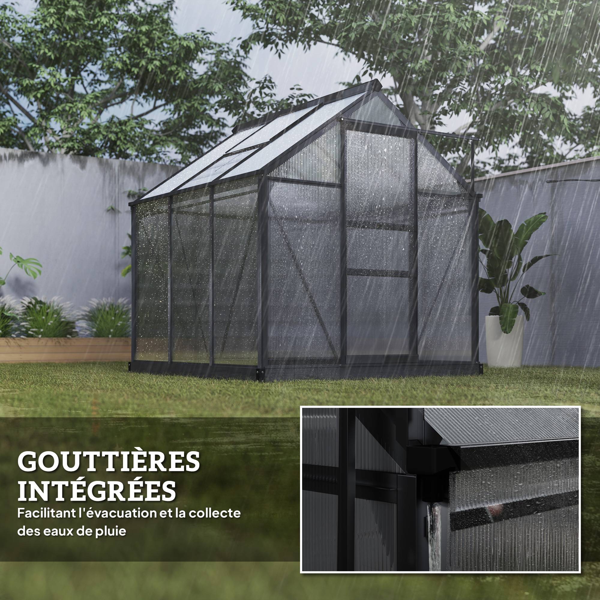 Serre de jardin polycarbonate 3,65m² 190 x 192 x 201 cm résistant aux UV fondation renforcé gouttière Gris - Image 9