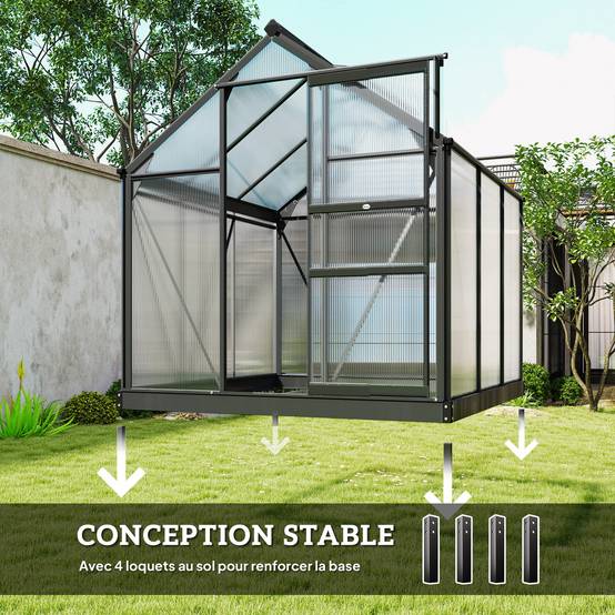 Serre de jardin polycarbonate 3,65m² 190 x 192 x 201 cm résistant aux UV fondation renforcé gouttière Gris - Image 8