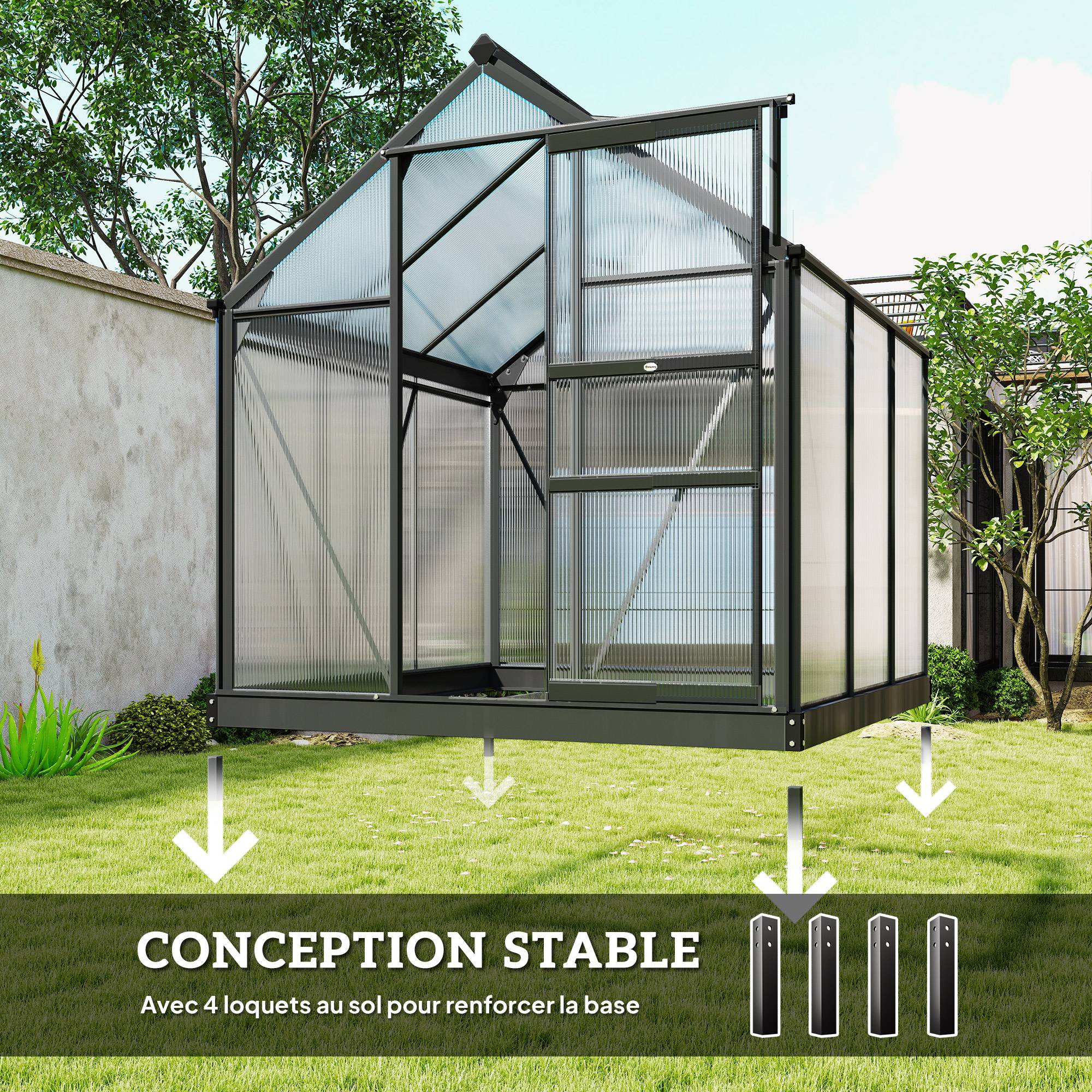 Serre de jardin polycarbonate 3,65m² 190 x 192 x 201 cm résistant aux UV fondation renforcé gouttière Gris - Image 8