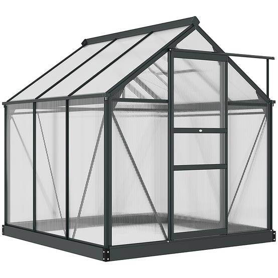 Serre de jardin polycarbonate 3,65m² 190 x 192 x 201 cm résistant aux UV fondation renforcé gouttière Gris - Image 2