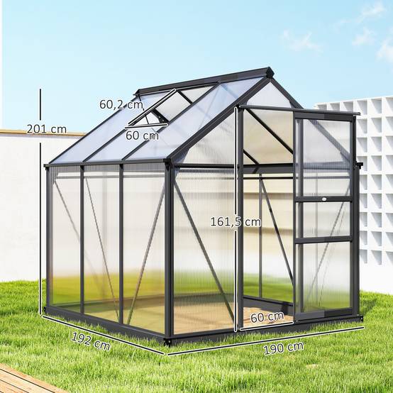 Serre de jardin polycarbonate 3,65m² 190 x 192 x 201 cm résistant aux UV fondation renforcé gouttière Gris - Image 5