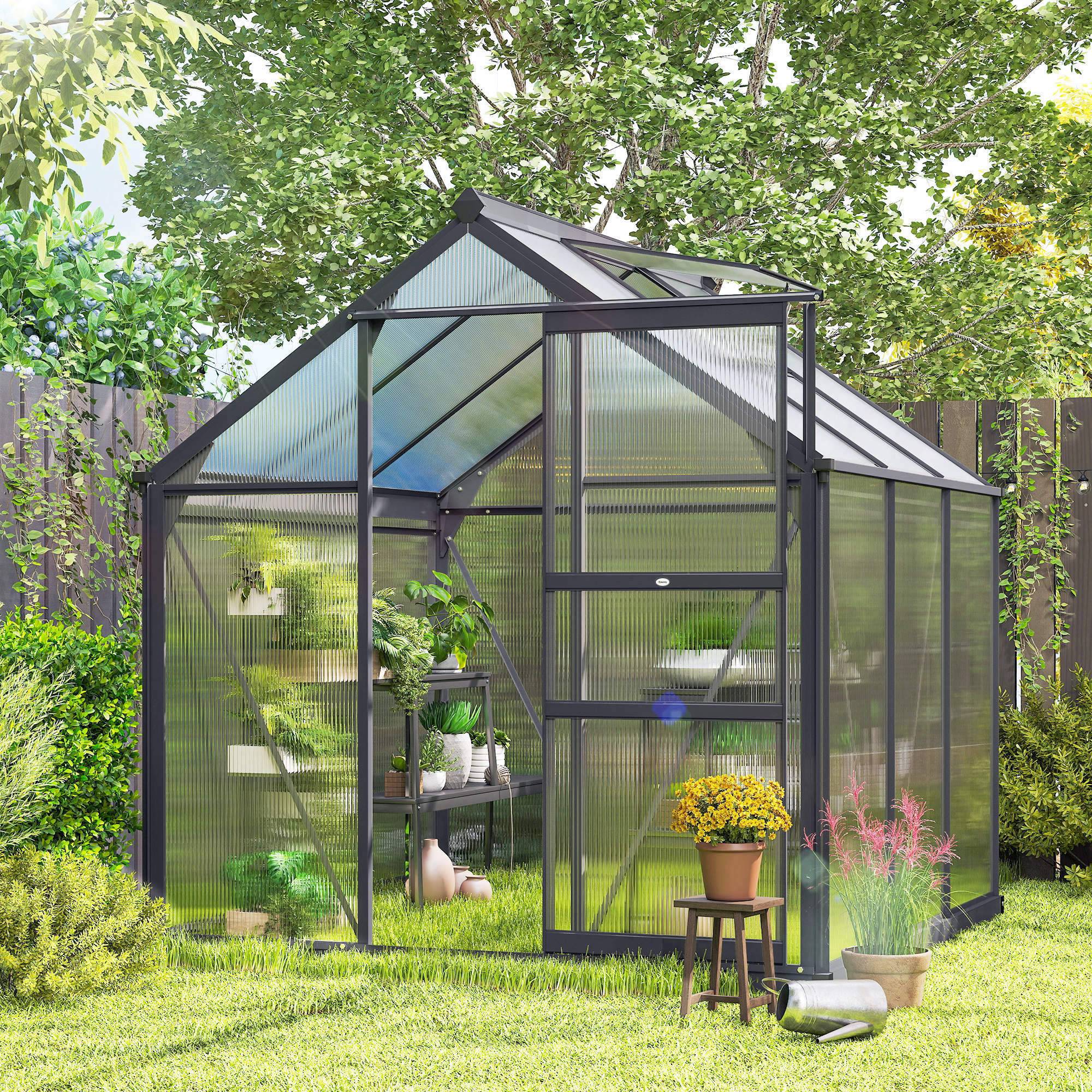 Serre de jardin polycarbonate 3,65m² 190 x 192 x 201 cm résistant aux UV fondation renforcé gouttière Gris - Image 10
