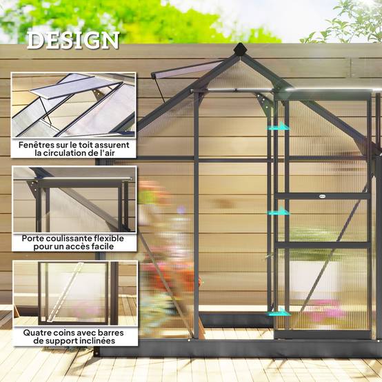 Serre de jardin polycarbonate 3,65m² 190 x 192 x 201 cm résistant aux UV fondation renforcé gouttière Gris - Image 6