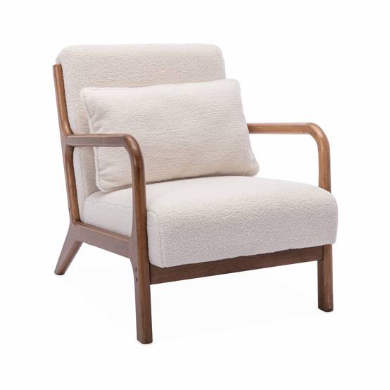Fauteuil à bouclettes . pieds bois d'hévéa teinté noyer clair. 1 place droit fixe. pieds compas scandinave. structure en bois solide | sweeek - Image 2