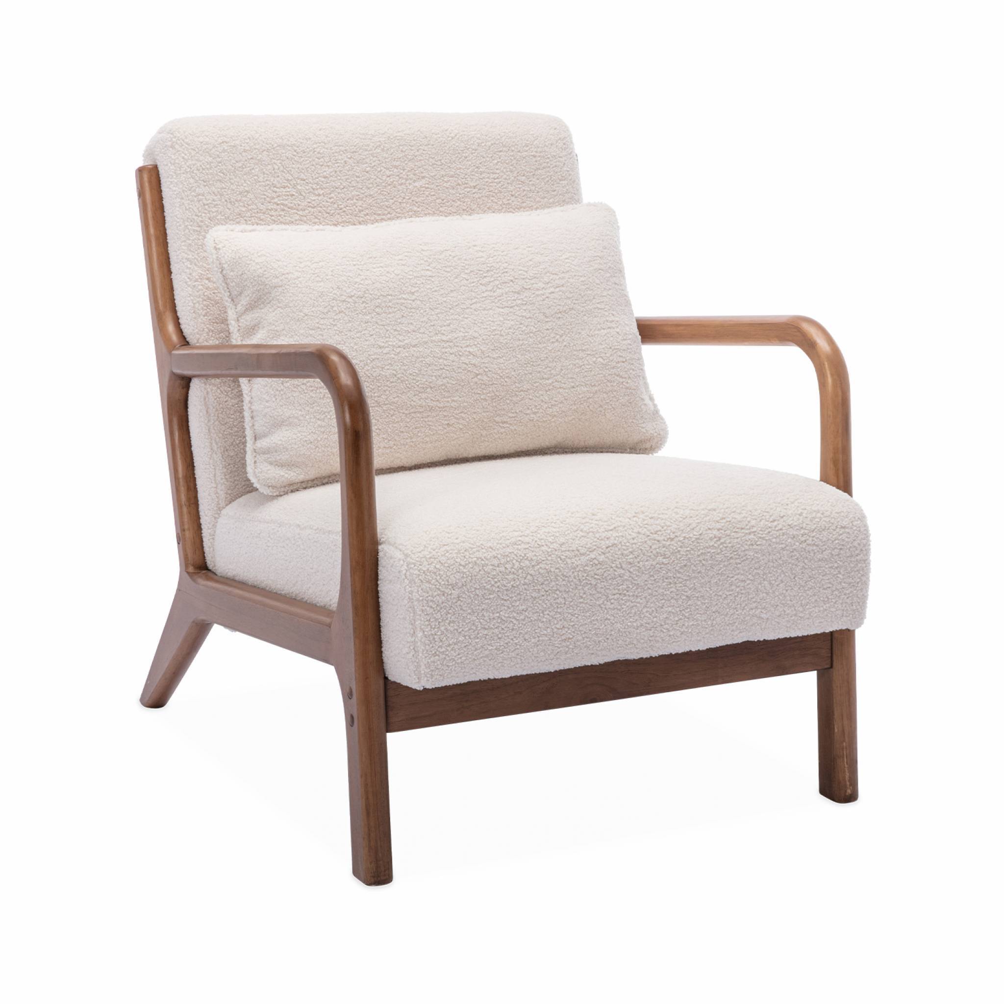 Fauteuil à bouclettes . pieds bois d'hévéa teinté noyer clair. 1 place droit fixe. pieds compas scandinave. structure en bois solide | sweeek - Image 2