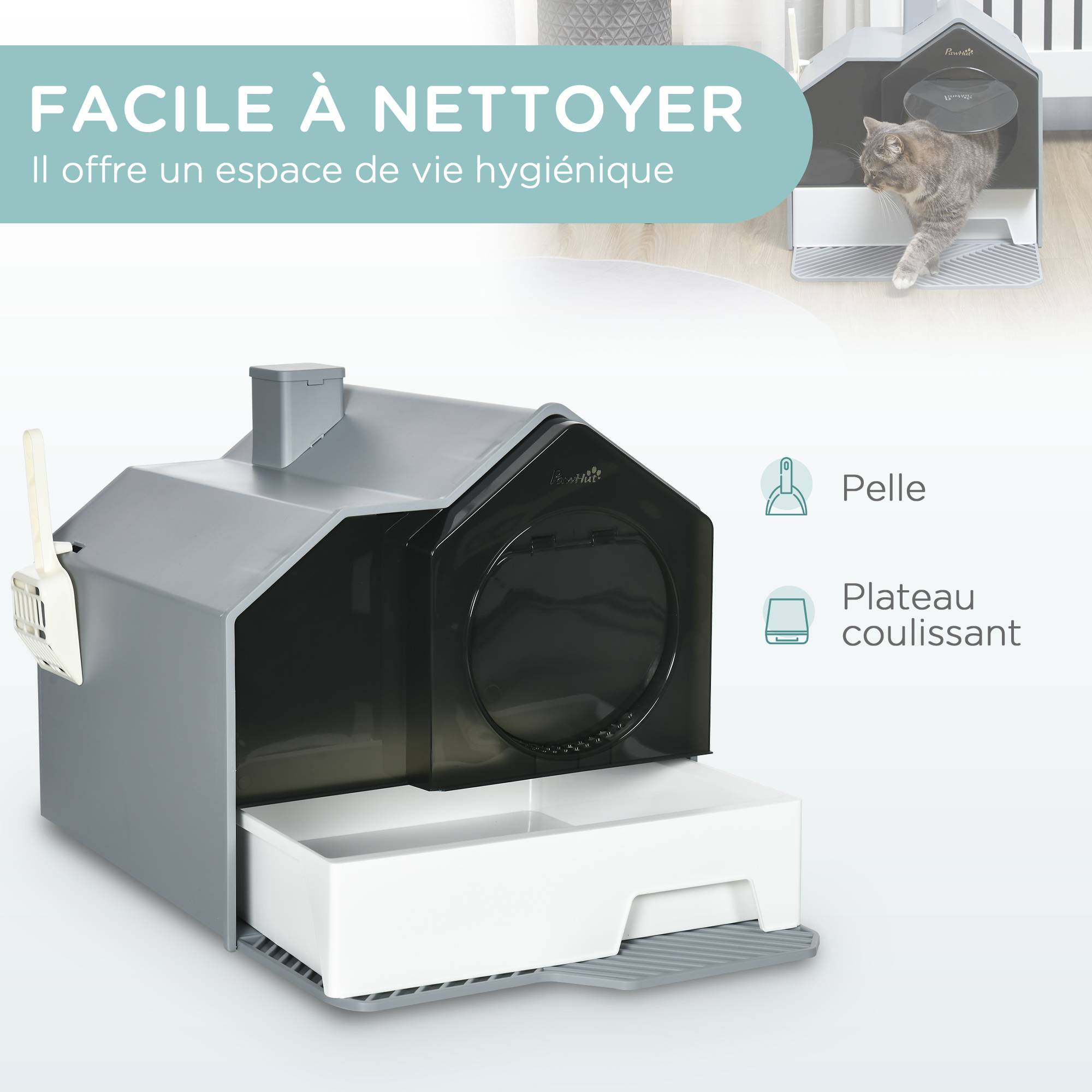 Maison litière ABS intérieur design maisonnette filtre 47x45x42cm gris - ComfortXL Outdoor Living - Image 7
