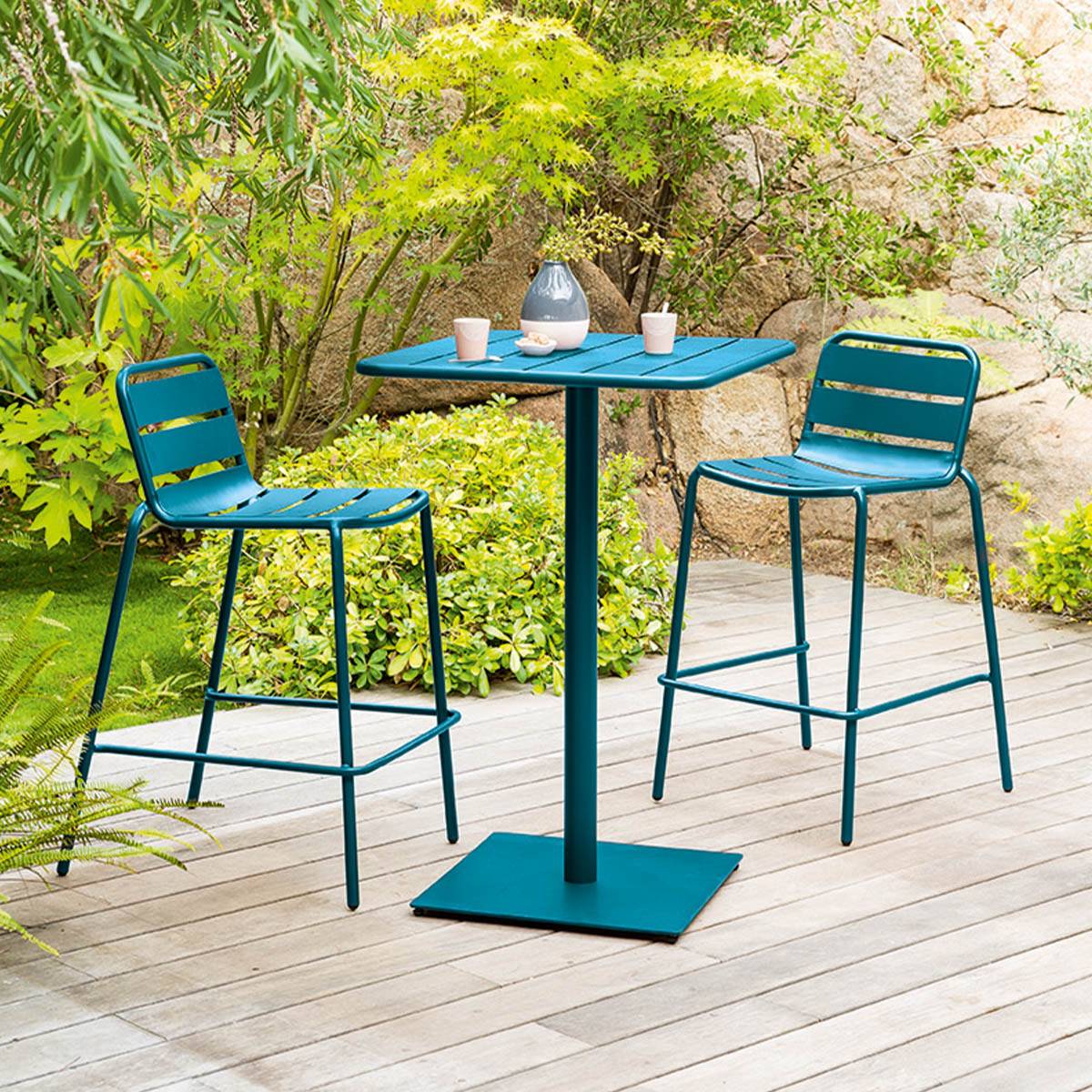 Hesperide - Table haute de jardin "Phuket" bleu canard 2 places en acier traité époxy Hespéride - Imagen 1