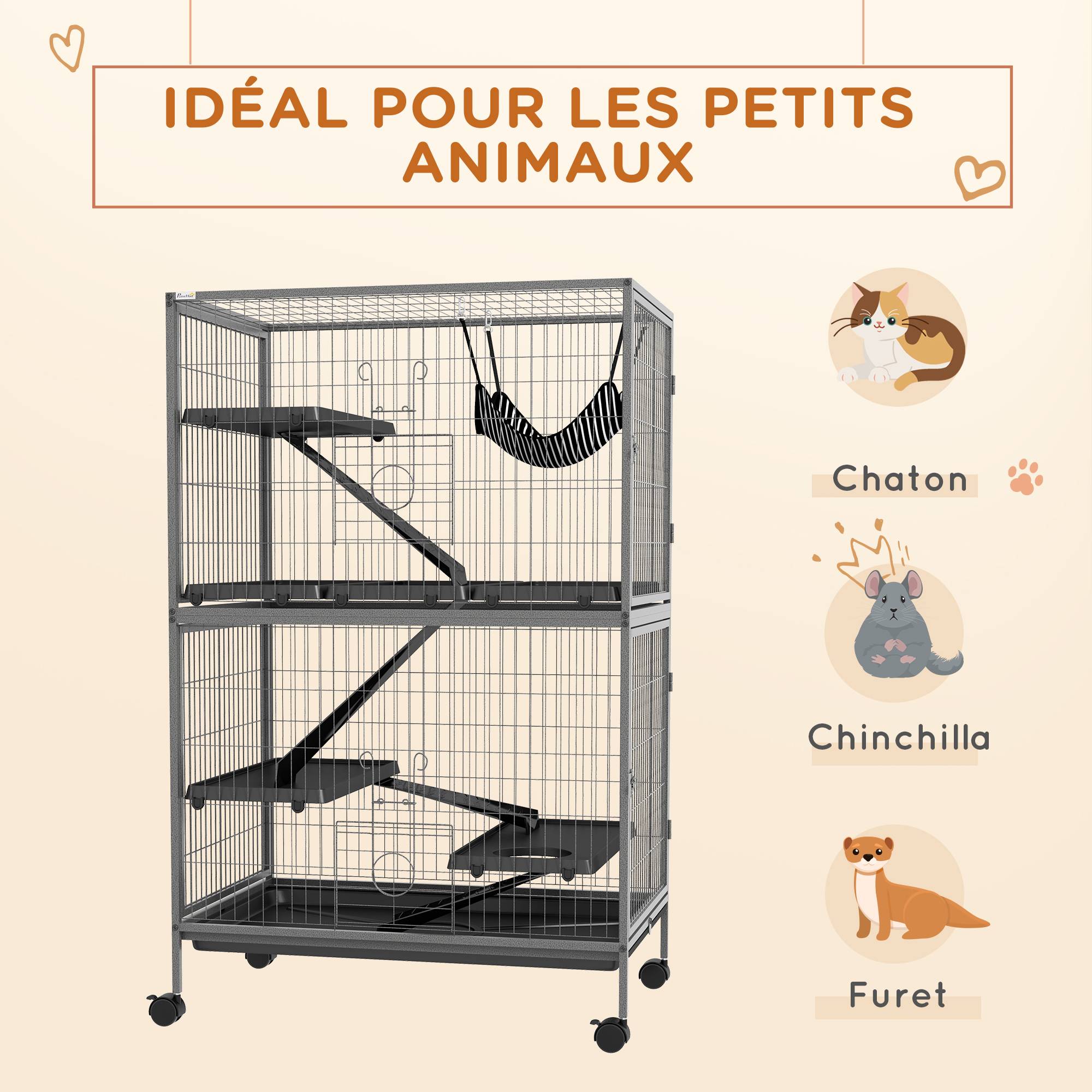Pawhut - Cage pour rongeurs furet chinchilla 4 plateformes 3 rampes 4 portes hamac plateau acier gris noir - Imagen 4