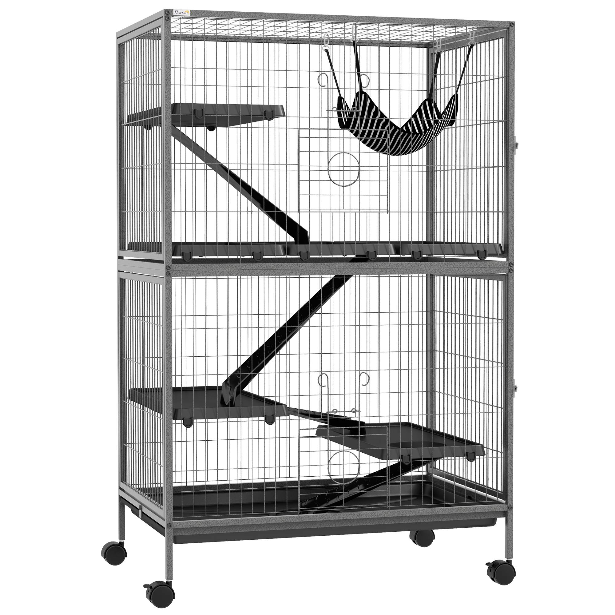 Pawhut - Cage pour rongeurs furet chinchilla 4 plateformes 3 rampes 4 portes hamac plateau acier gris noir - Imagen 1