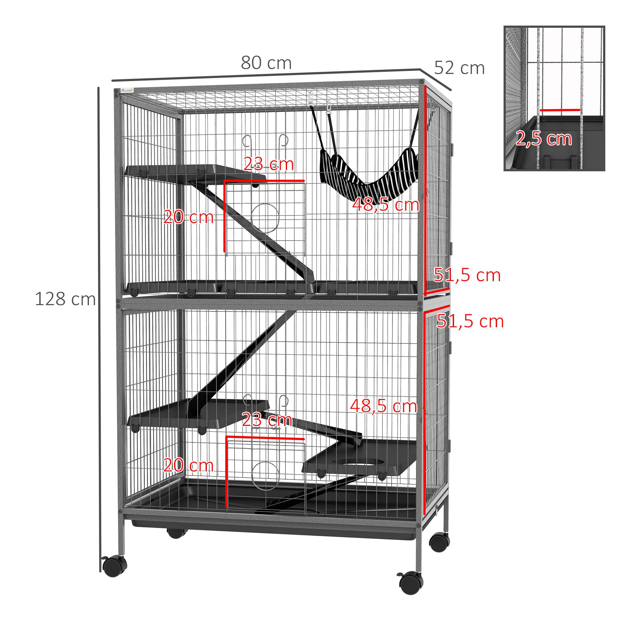 Pawhut - Cage pour rongeurs furet chinchilla 4 plateformes 3 rampes 4 portes hamac plateau acier gris noir - Imagen 3