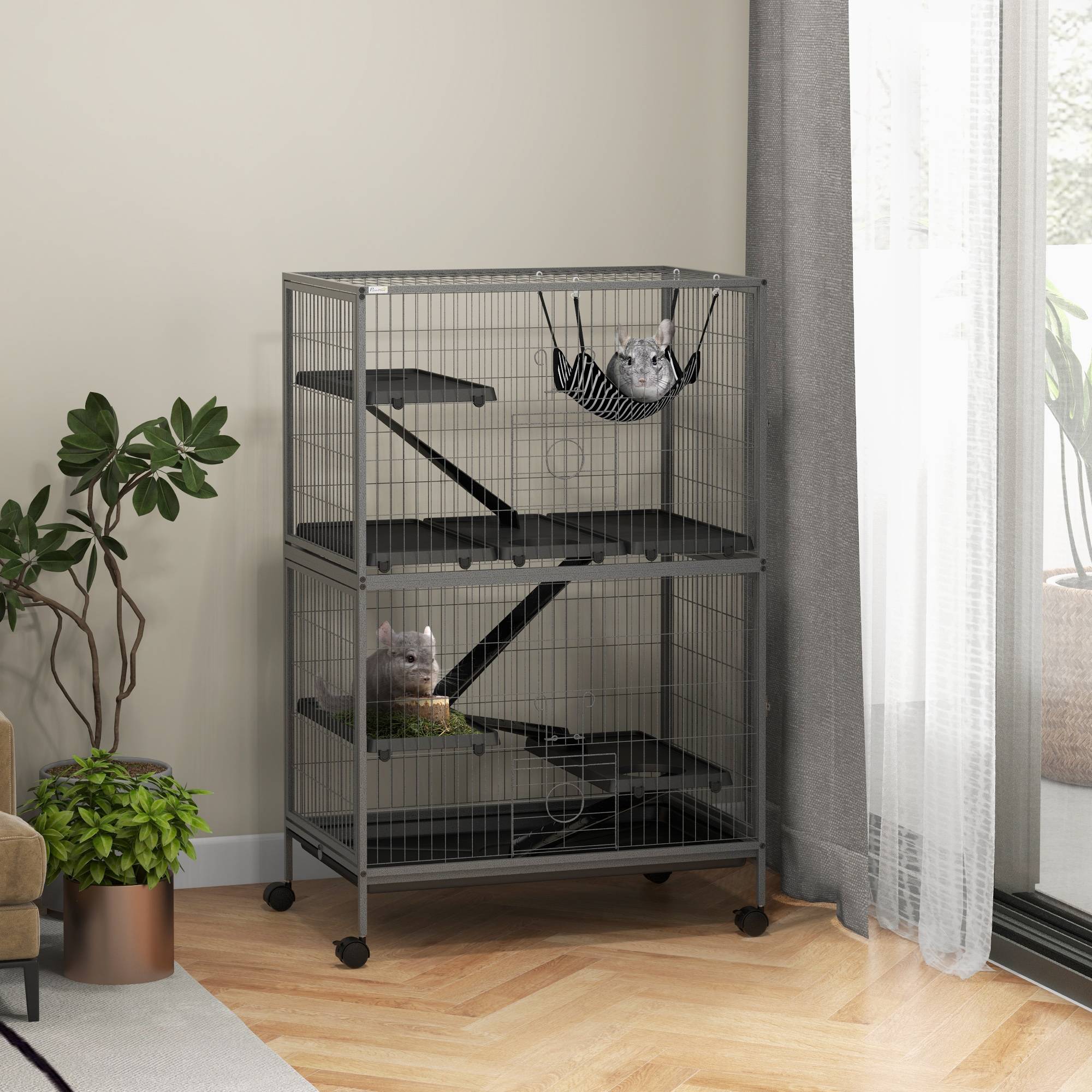 Pawhut - Cage pour rongeurs furet chinchilla 4 plateformes 3 rampes 4 portes hamac plateau acier gris noir - Imagen 2