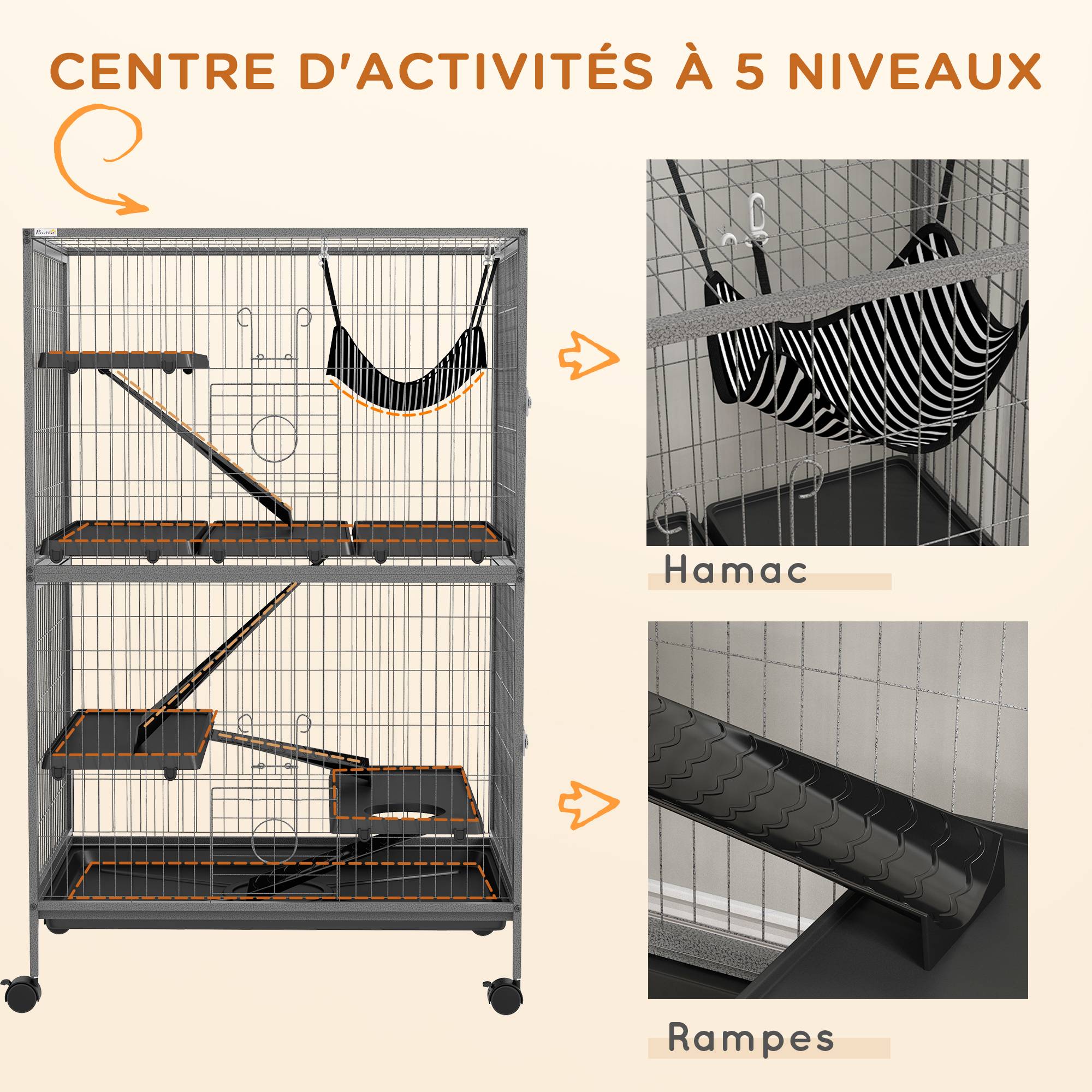 Pawhut - Cage pour rongeurs furet chinchilla 4 plateformes 3 rampes 4 portes hamac plateau acier gris noir - Imagen 6