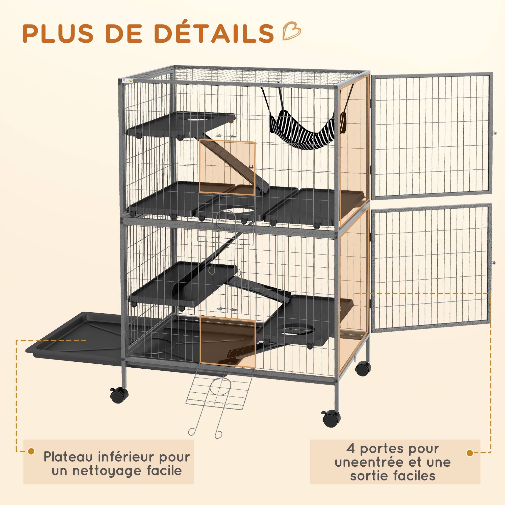 Pawhut - Cage pour rongeurs furet chinchilla 4 plateformes 3 rampes 4 portes hamac plateau acier gris noir - Imagen 7