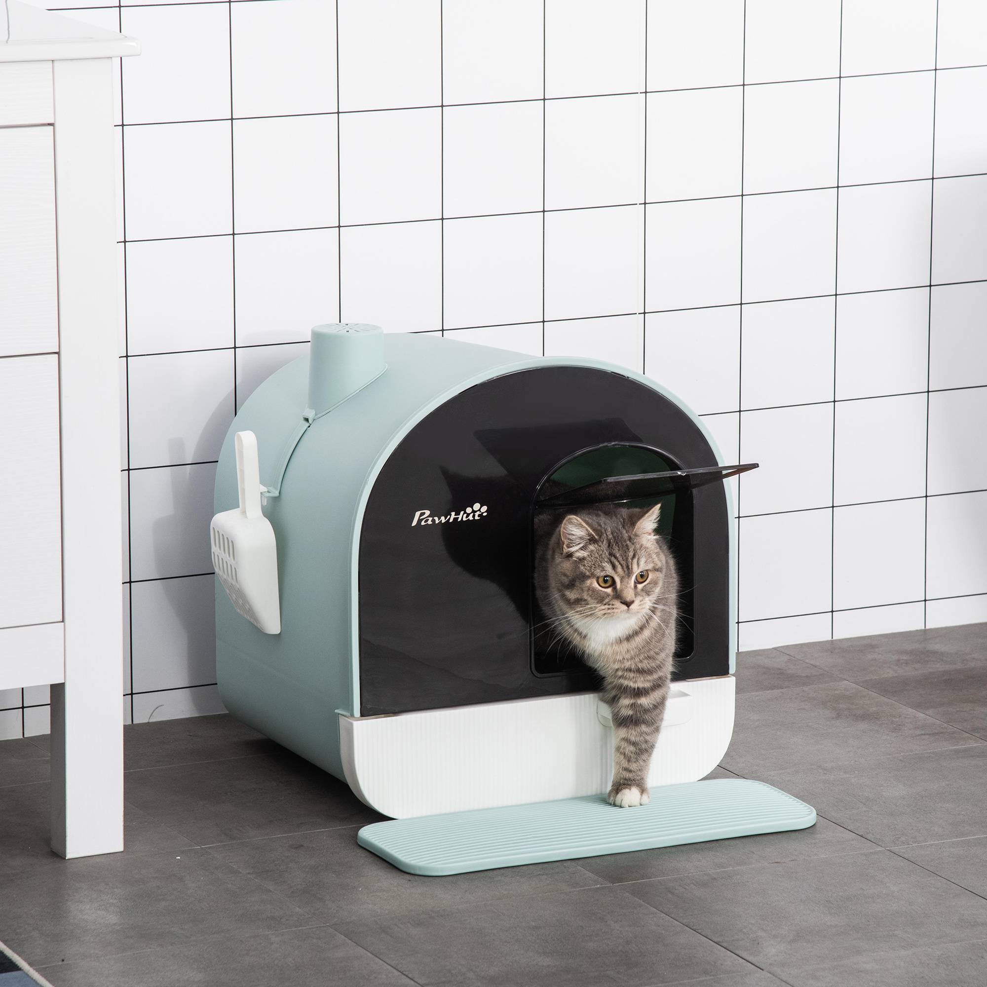 Maison de toilette plastique pour chats 5kg avec tapis capture litière et pelle vert - ComfortXL Outdoor Living - Image 4