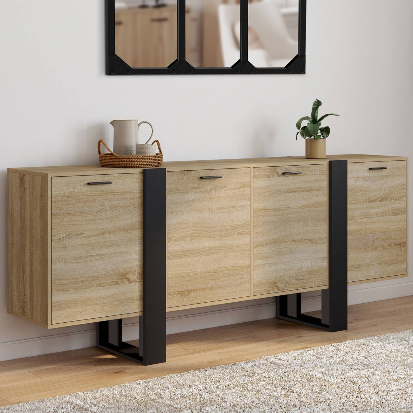 Buffet enfilade 200 cm PHOENIX XXL 4 portes bois et noir - Image 1