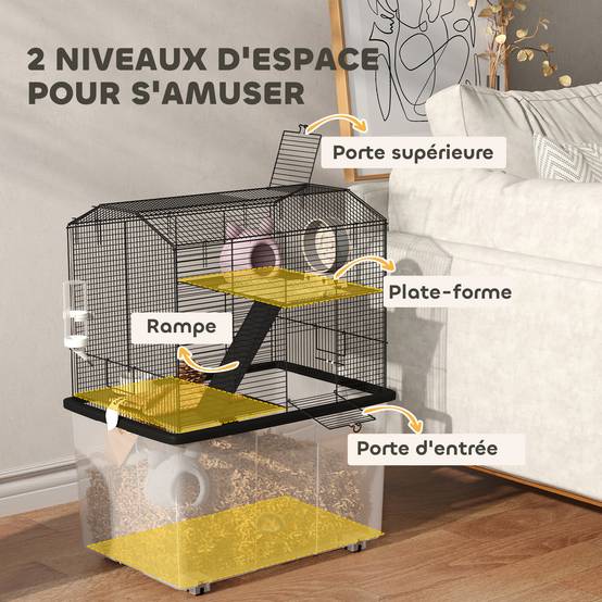 Cage hamster fil acier rongeurs 3 étages sur roulettes accessoires 57x74cm noir - ComfortXL Outdoor Living - Image 6