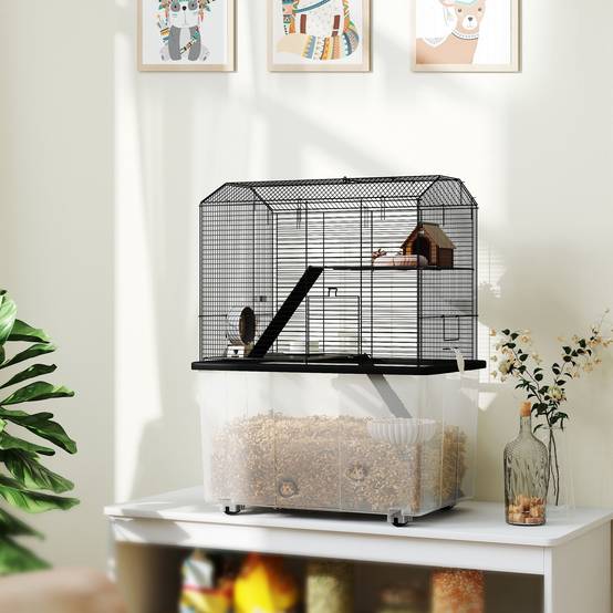 Cage hamster fil acier rongeurs 3 étages sur roulettes accessoires 57x74cm noir - ComfortXL Outdoor Living - Image 4