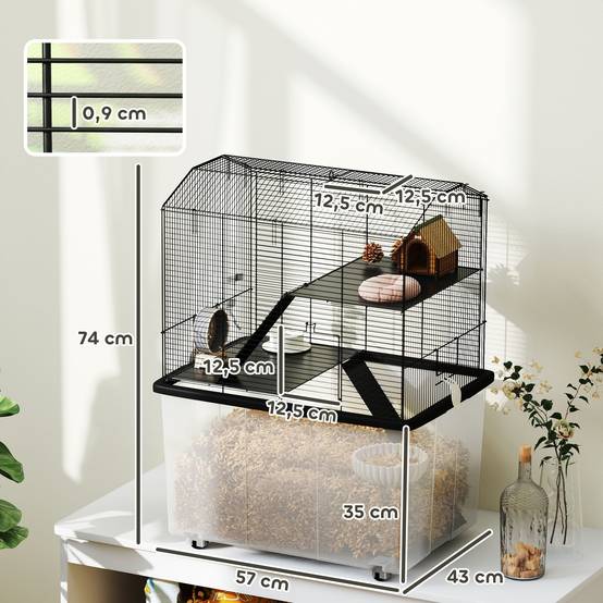 Cage hamster fil acier rongeurs 3 étages sur roulettes accessoires 57x74cm noir - ComfortXL Outdoor Living - Image 5