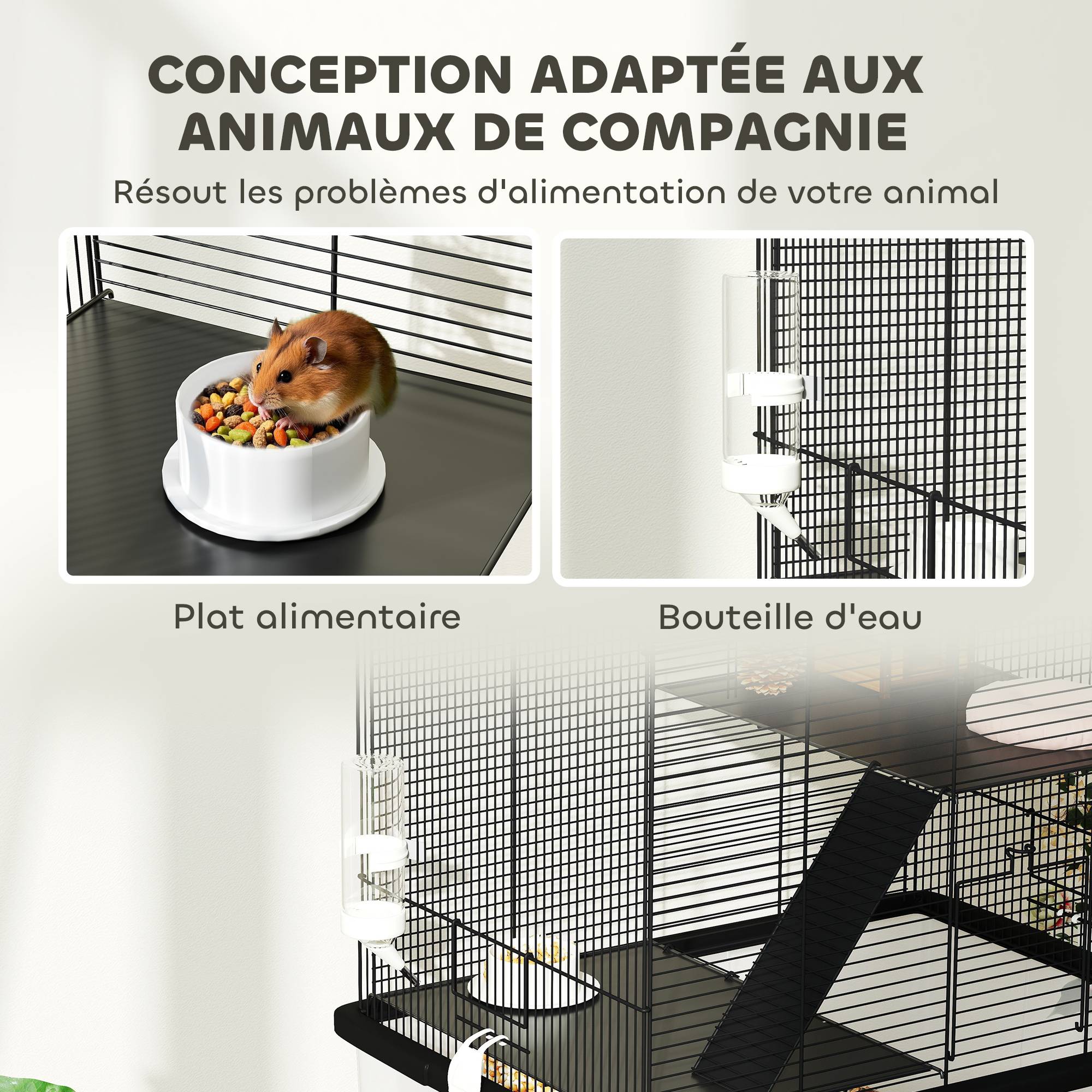 Cage hamster fil acier rongeurs 3 étages sur roulettes accessoires 57x74cm noir - ComfortXL Outdoor Living - Image 8