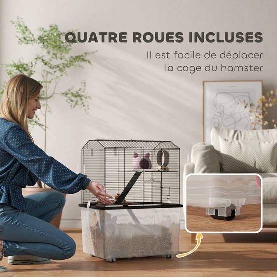 Cage hamster fil acier rongeurs 3 étages sur roulettes accessoires 57x74cm noir - ComfortXL Outdoor Living - Image 7