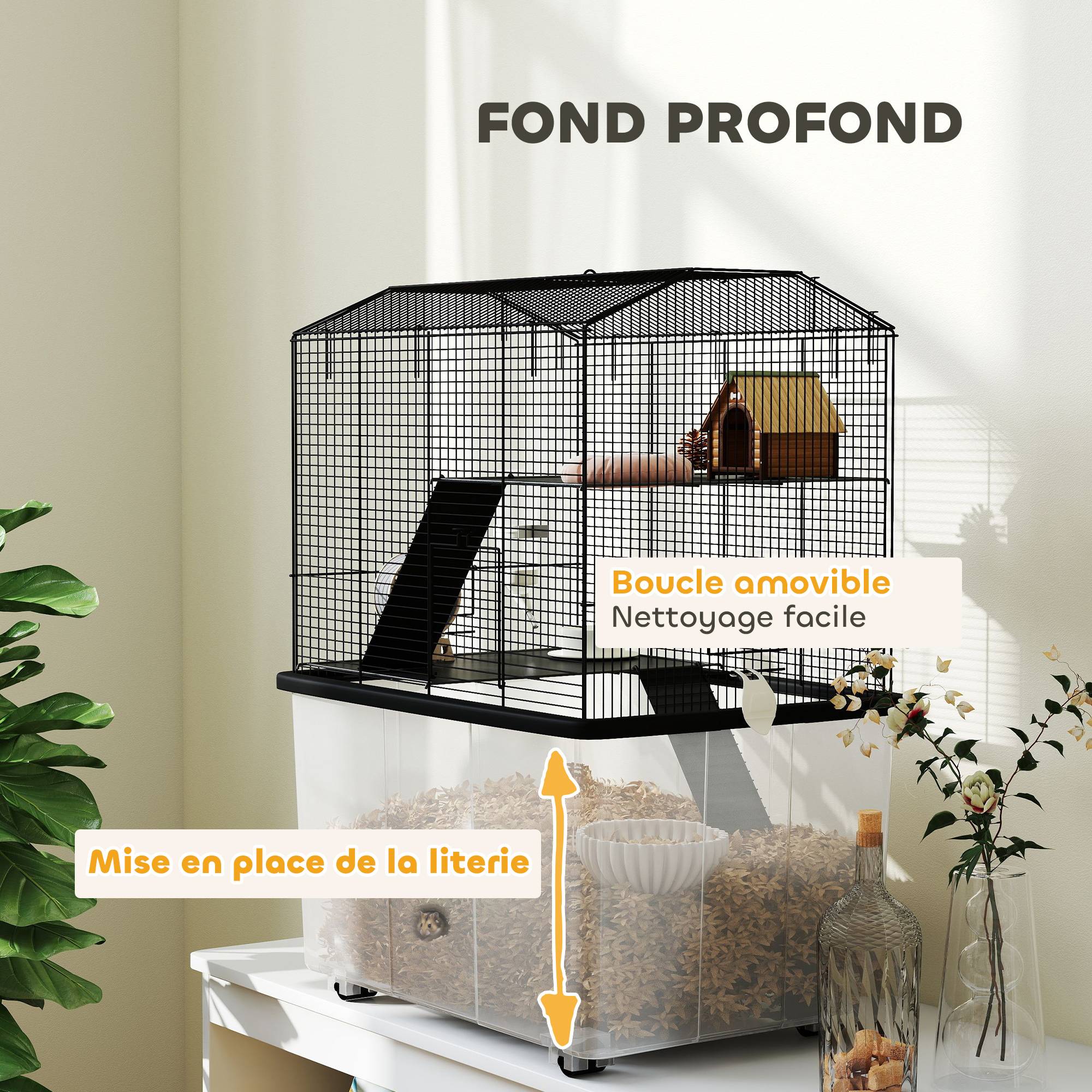 Cage hamster fil acier rongeurs 3 étages sur roulettes accessoires 57x74cm noir - ComfortXL Outdoor Living - Image 9