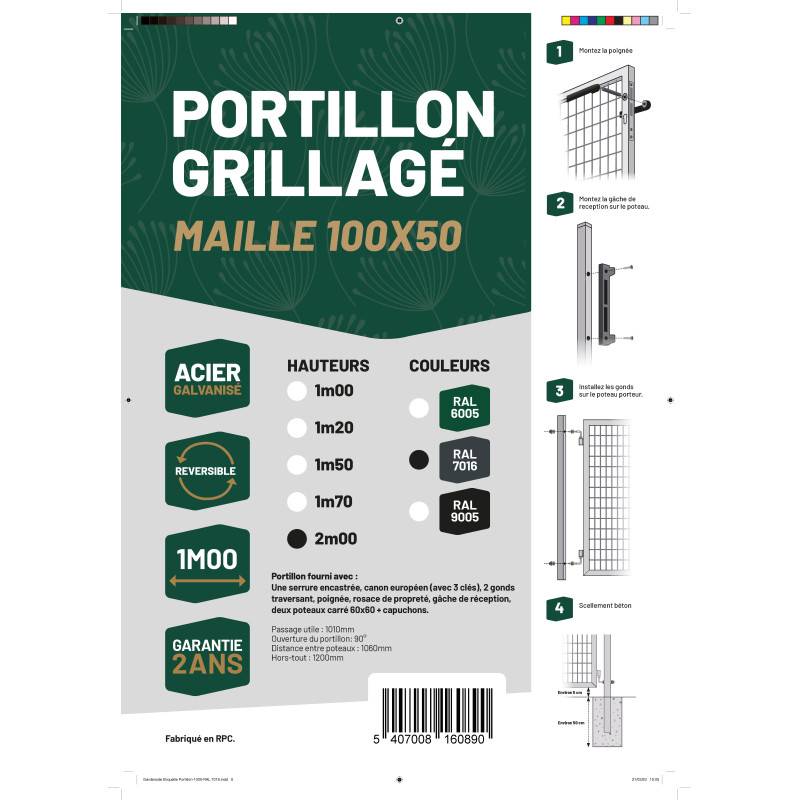 Portillon grillagé en acier galvanisé maille 100 x 50 L 1m x H 2m00 Gris anthracite - Easy Clôture - Imagen 6