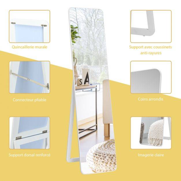 Helloshop26 - Miroir autoportant rectangulaire pleine longueur cadre en bois massif 160 x 37cm blanc - Imagen 4